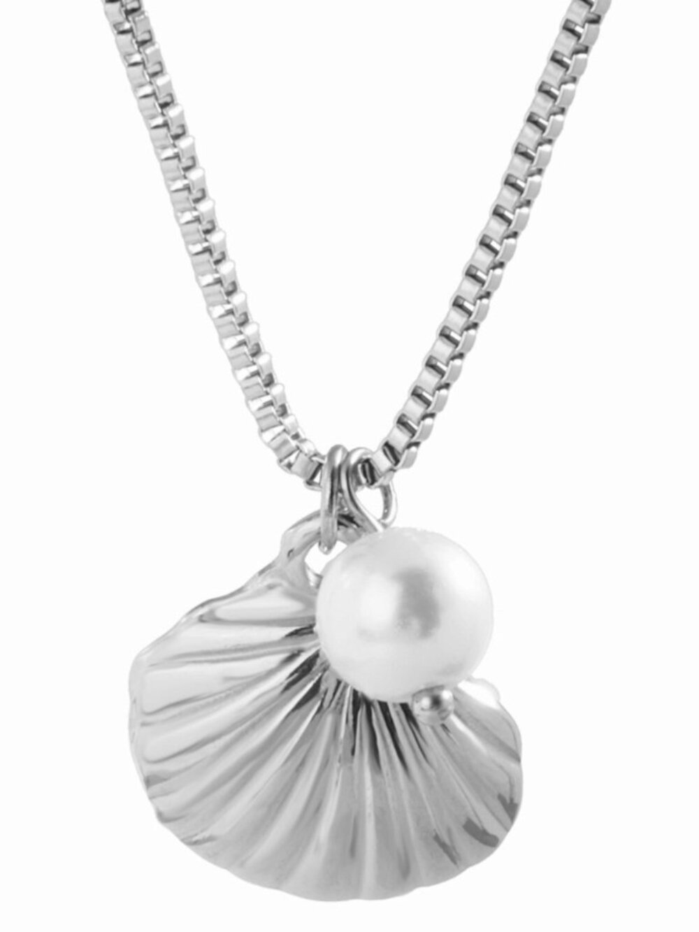 Marine Essence Necklace Scallop Shell Pearl Pendant Shiny Silver Tone Box Chain